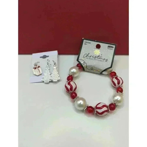 NEW Bead Treasures Christmas Themed Bracelet Earrings Set Red White Gift Design - Picture 1 of 3